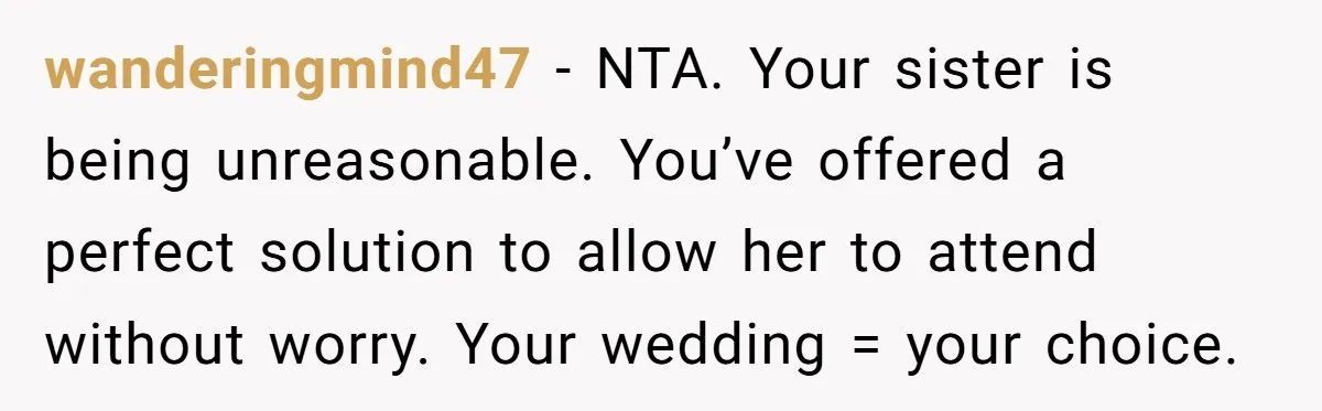 wanderingmind47 − NTA. Your sister is being unreasonable. You’ve offered a perfect solution to allow her to attend without worry. Your wedding = your choice.