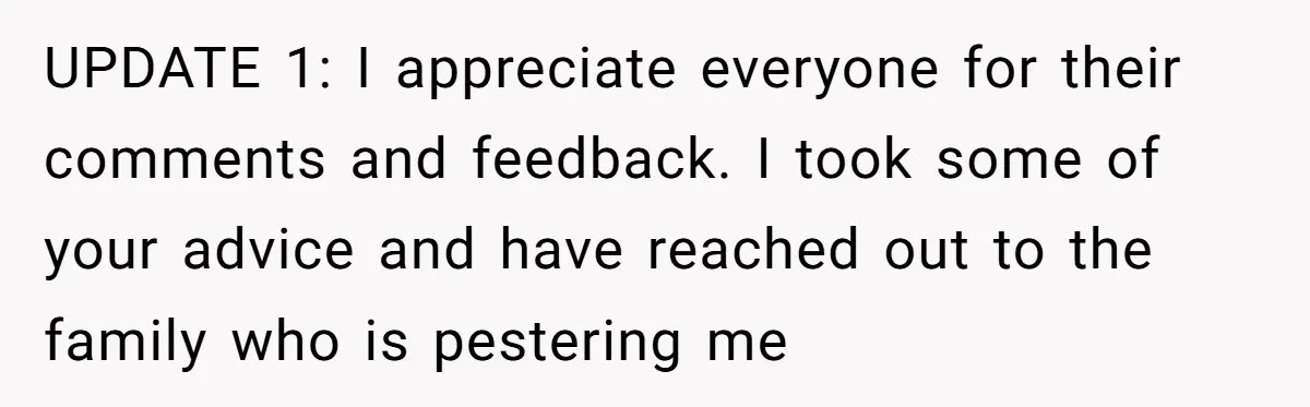 UPDATE 1: I appreciate everyone for their comments and feedback. I took some of your advice and have reached out to the family who is pestering me