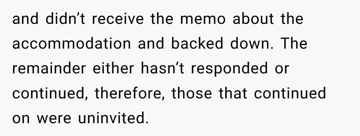 and didn’t receive the memo about the accommodation and backed down. The remainder either hasn’t responded or continued, therefore, those that continued on were uninvited.