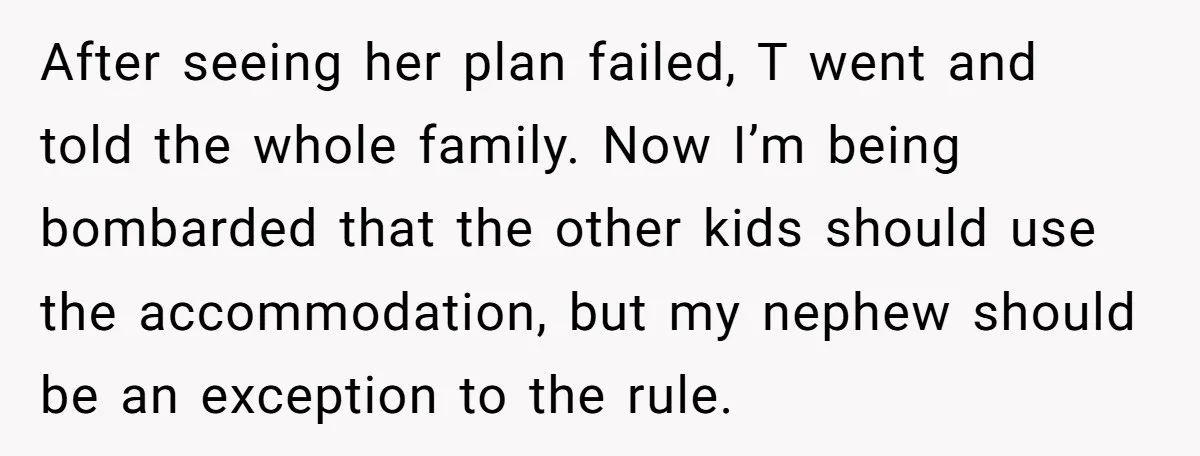 After seeing her plan failed, T went and told the whole family. Now I’m being bombarded that the other kids should use the accommodation, but my nephew should be an...