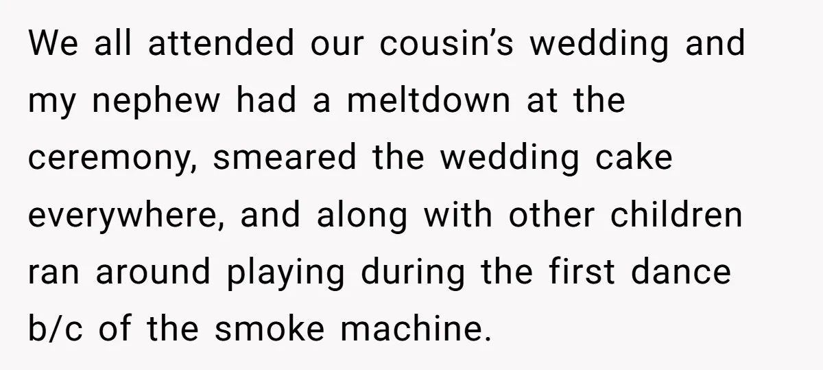We all attended our cousin’s wedding and my nephew had a meltdown at the ceremony, smeared the wedding cake everywhere, and along with other children ran around playing during the...