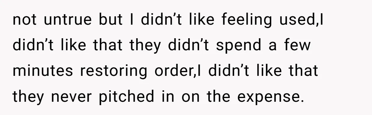 not untrue but I didn’t like feeling used,I didn’t like that they didn’t spend a few minutes restoring order,I didn’t like that they never pitched in on the expense.