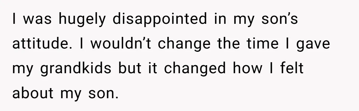 I was hugely disappointed in my son’s attitude. I wouldn’t change the time I gave my grandkids but it changed how I felt about my son.