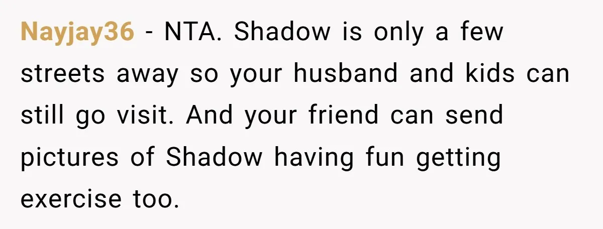Nayjay36 − NTA. Shadow is only a few streets away so your husband and kids can still go visit. And your friend can send pictures of Shadow having fun getting...