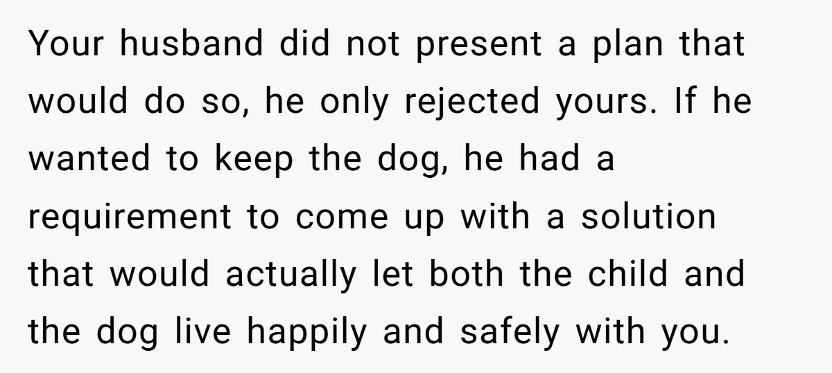 Your husband did not present a plan that would do so, he only rejected yours. If he wanted to keep the dog, he had a requirement to come up with...