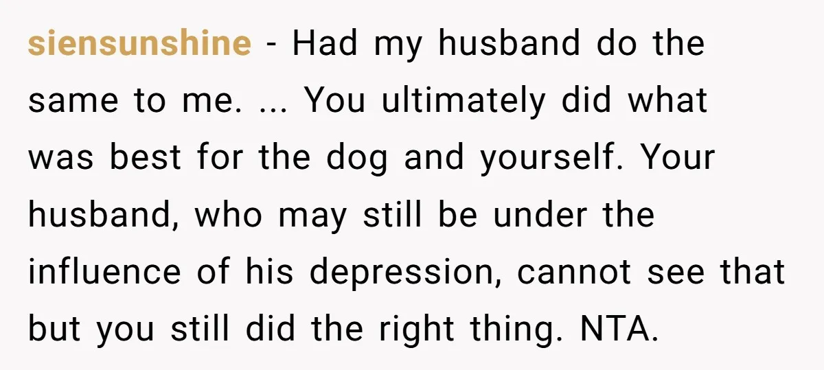 siensunshine − Had my husband do the same to me. ... You ultimately did what was best for the dog and yourself. Your husband, who may still be under the...