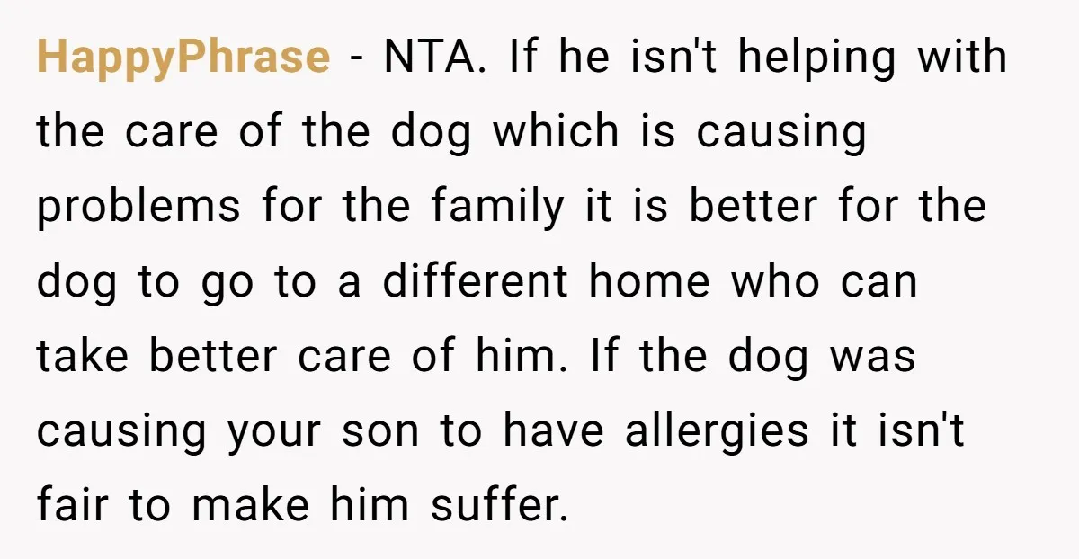 HappyPhrase − NTA. If he isn't helping with the care of the dog which is causing problems for the family it is better for the dog to go to a...