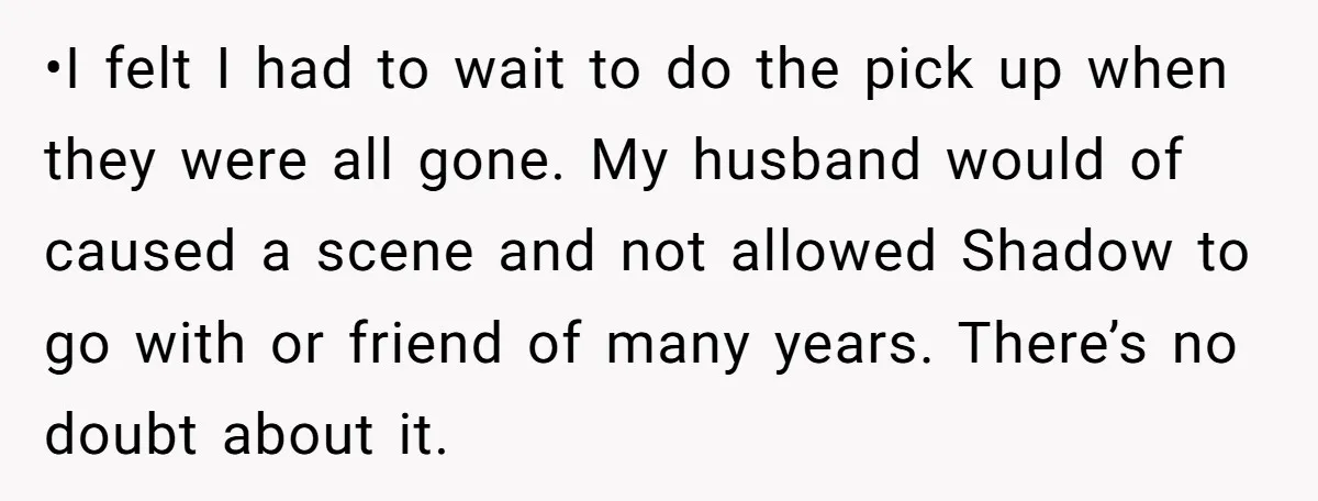 •I felt I had to wait to do the pick up when they were all gone. My husband would of caused a scene and not allowed Shadow to go with...