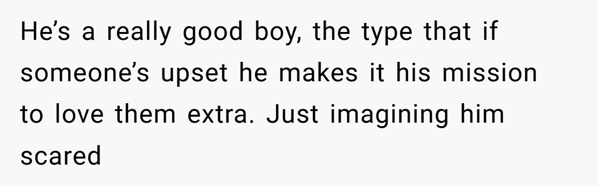He’s a really good boy, the type that if someone’s upset he makes it his mission to love them extra. Just imagining him scared