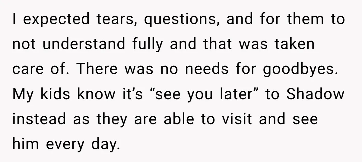 I expected tears, questions, and for them to not understand fully and that was taken care of. There was no needs for goodbyes. My kids know it’s “see you later”...