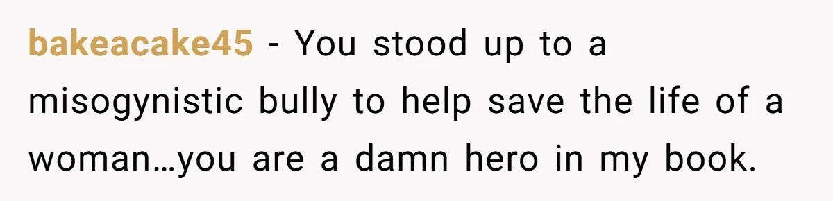 bakeacake45 − You stood up to a misogynistic bully to help save the life of a woman…you are a damn hero in my book.