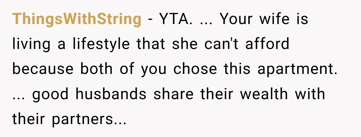 ThingsWithString − YTA. ... Your wife is living a lifestyle that she can't afford because both of you chose this apartment. ... good husbands share their wealth with their partners...