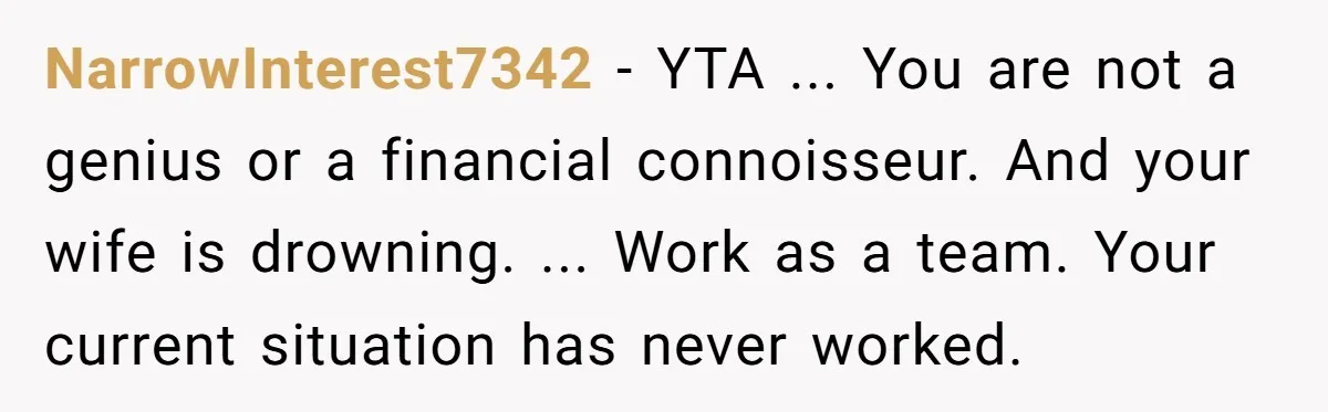 NarrowInterest7342 − YTA ... You are not a genius or a financial connoisseur. And your wife is drowning. ... Work as a team. Your current situation has never worked.