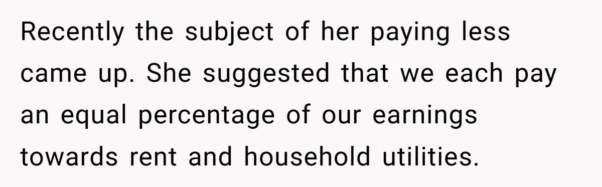Recently the subject of her paying less came up. She suggested that we each pay an equal percentage of our earnings towards rent and household utilities.