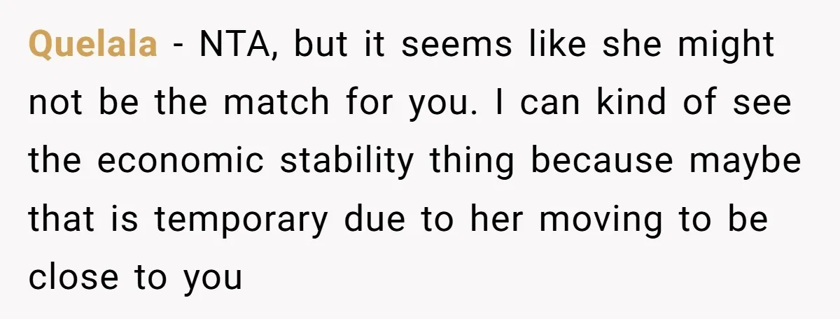 Quelala − NTA, but it seems like she might not be the match for you. I can kind of see the economic stability thing because maybe that is temporary due...