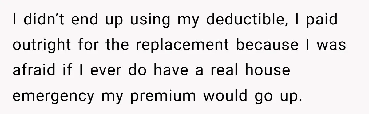 I didn’t end up using my deductible, I paid outright for the replacement because I was afraid if I ever do have a real house emergency my premium would go...