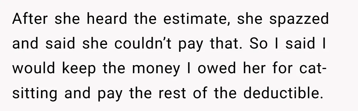 After she heard the estimate, she spazzed and said she couldn’t pay that. So I said I would keep the money I owed her for cat-sitting and pay the rest...