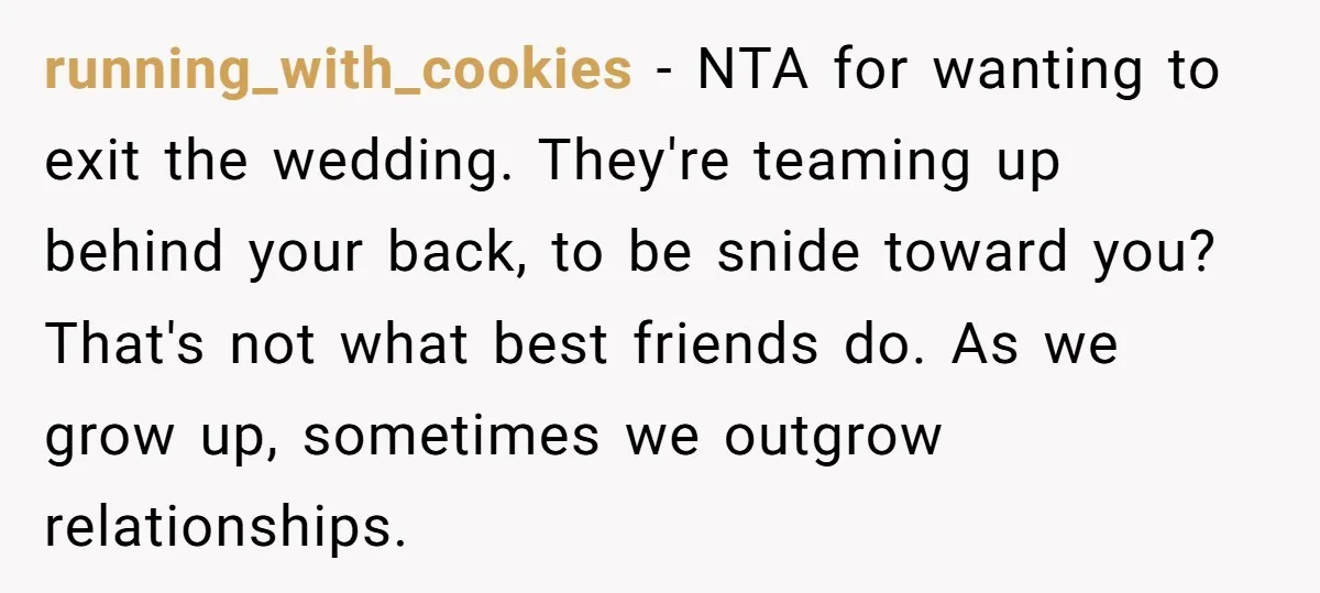 running_with_cookies − NTA for wanting to exit the wedding. They're teaming up behind your back, to be snide toward you? That's not what best friends do. As we grow up,...
