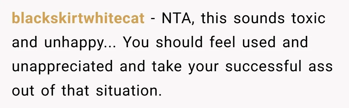 blackskirtwhitecat − NTA, this sounds toxic and unhappy... You should feel used and unappreciated and take your successful ass out of that situation.