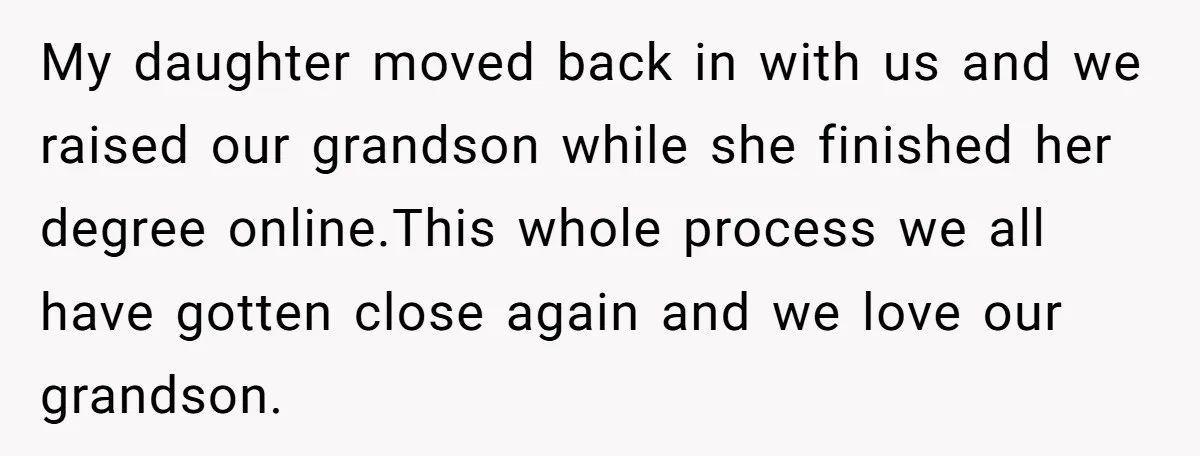 My daughter moved back in with us and we raised our grandson while she finished her degree online.This whole process we all have gotten close again and we love our...