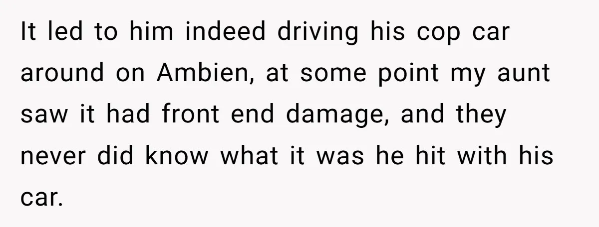 It led to him indeed driving his cop car around on Ambien, at some point my aunt saw it had front end damage, and they never did know what it...
