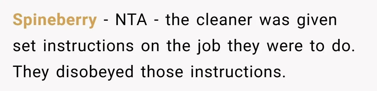 Spineberry − NTA - the cleaner was given set instructions on the job they were to do. They disobeyed those instructions.