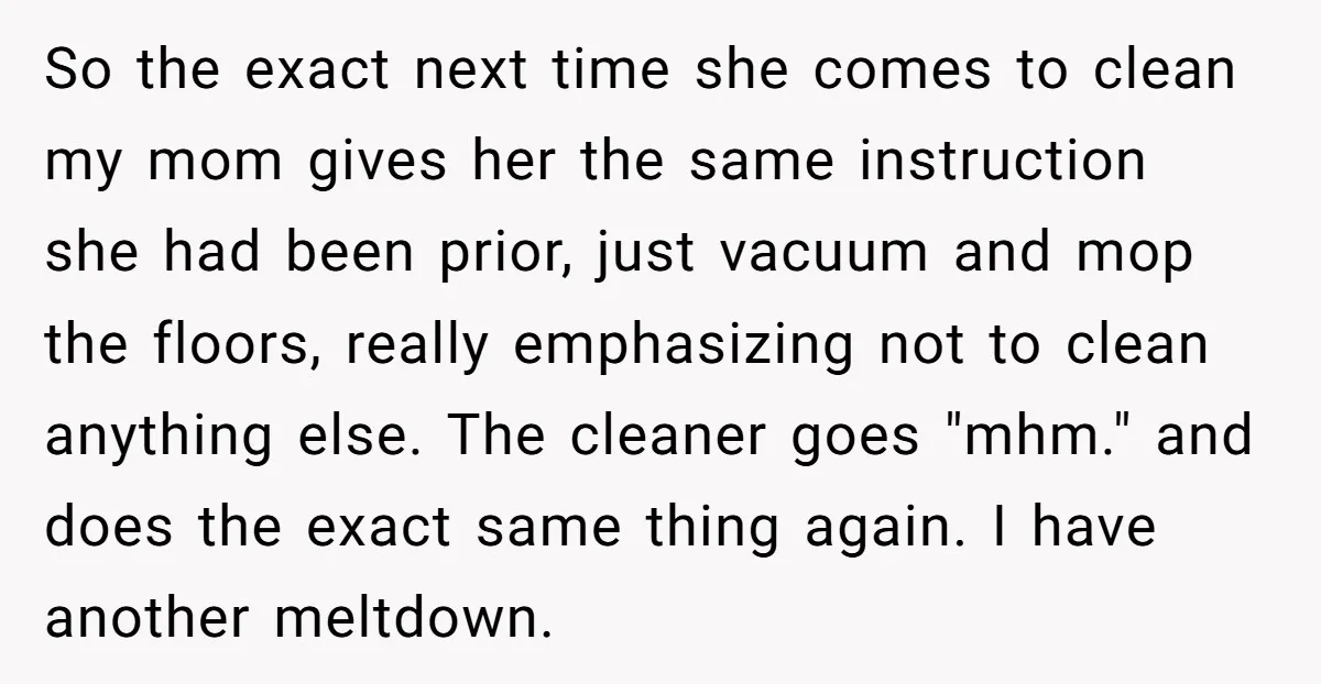 So the exact next time she comes to clean my mom gives her the same instruction she had been prior, just vacuum and mop the floors, really emphasizing not to...