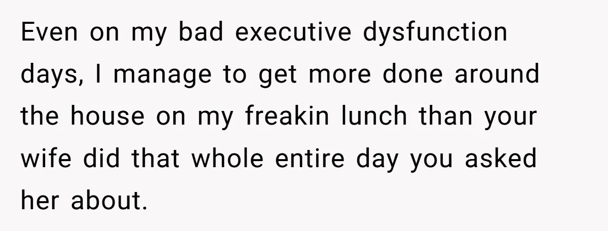 Even on my bad executive dysfunction days, I manage to get more done around the house on my freakin lunch than your wife did that whole entire day you asked...
