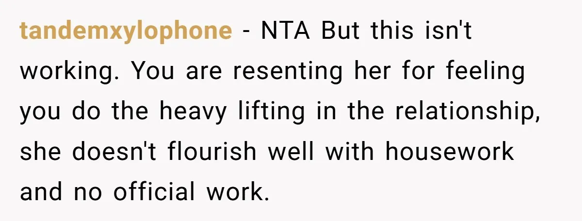 tandemxylophone − NTA But this isn't working. You are resenting her for feeling you do the heavy lifting in the relationship, she doesn't flourish well with housework and no official...