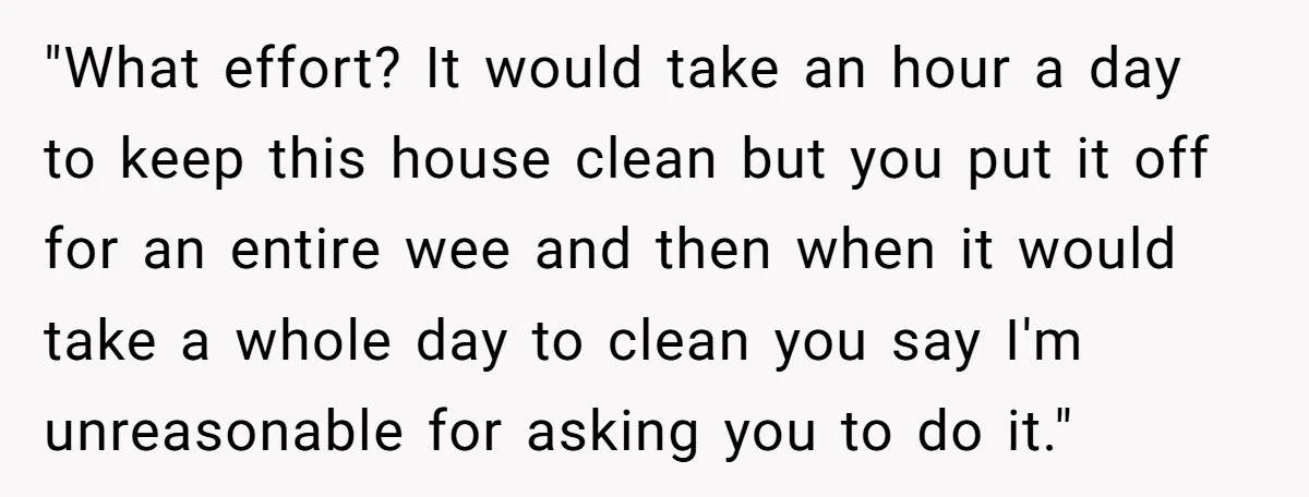 "What effort? It would take an hour a day to keep this house clean but you put it off for an entire wee and then when it would take a...