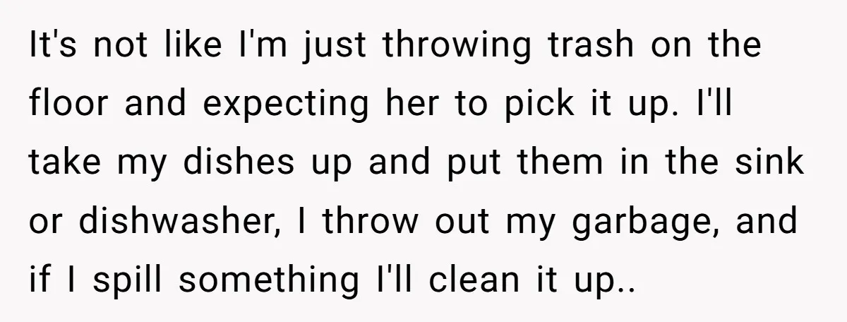 It's not like I'm just throwing trash on the floor and expecting her to pick it up. I'll take my dishes up and put them in the sink or dishwasher,...