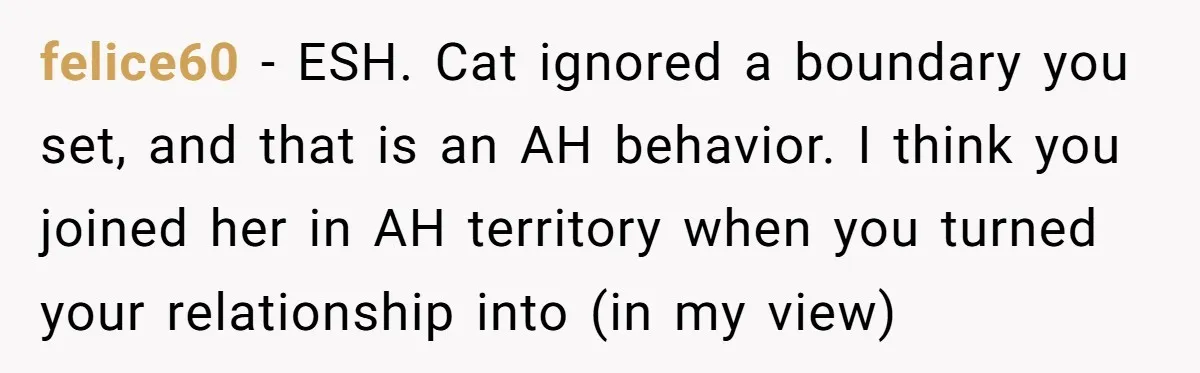 felice60 − ESH. Cat ignored a boundary you set, and that is an AH behavior. I think you joined her in AH territory when you turned your relationship into (in...