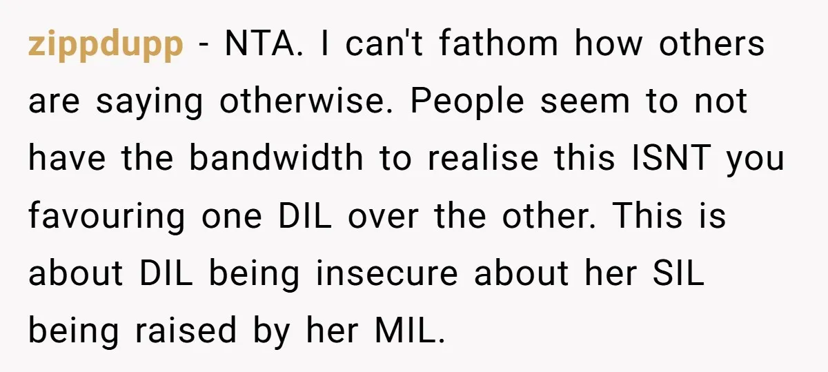 zippdupp − NTA. I can't fathom how others are saying otherwise. People seem to not have the bandwidth to realise this ISNT you favouring one DIL over the other. This...