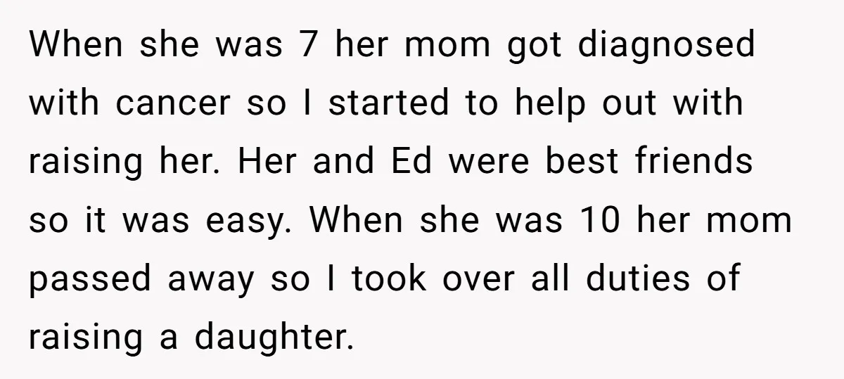 When she was 7 her mom got diagnosed with cancer so I started to help out with raising her. Her and Ed were best friends so it was easy. When...