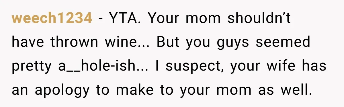 weech1234 − YTA. Your mom shouldn’t have thrown wine... But you guys seemed pretty a__hole-ish... I suspect, your wife has an apology to make to your mom as well.