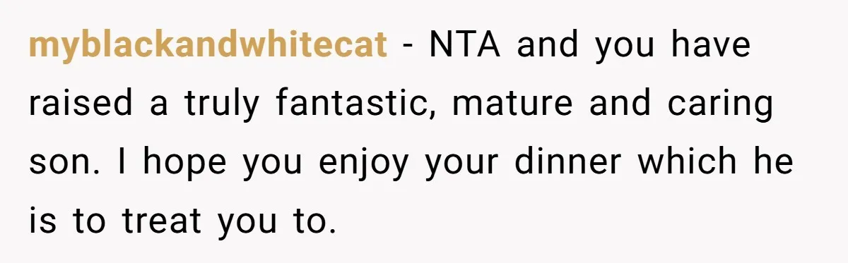 myblackandwhitecat − NTA and you have raised a truly fantastic, mature and caring son. I hope you enjoy your dinner which he is to treat you to.