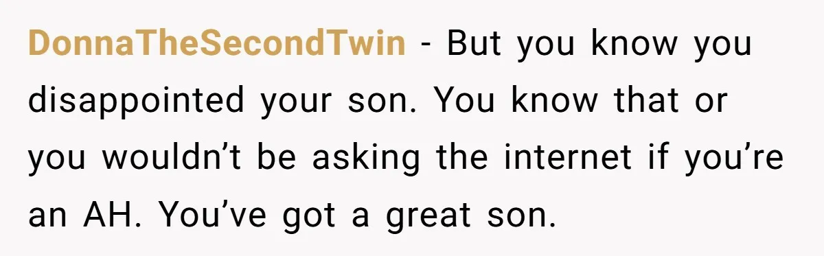 DonnaTheSecondTwin − But you know you disappointed your son. You know that or you wouldn’t be asking the internet if you’re an AH. You’ve got a great son.