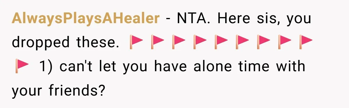 AlwaysPlaysAHealer − NTA. Here sis, you dropped these. 🚩🚩🚩🚩🚩🚩🚩🚩🚩🚩 1) can't let you have alone time with your friends?