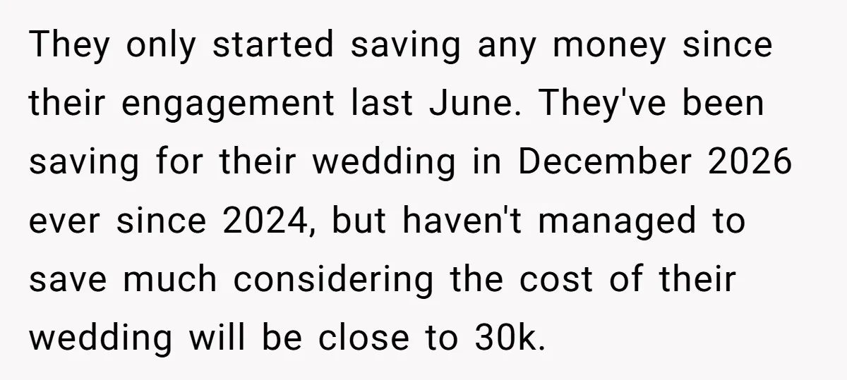 They only started saving any money since their engagement last June. They've been saving for their wedding in December 2026 ever since 2024, but haven't managed to save much considering...