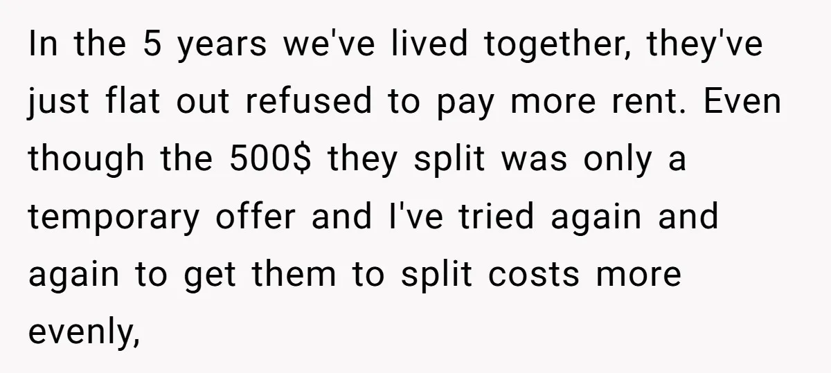 In the 5 years we've lived together, they've just flat out refused to pay more rent. Even though the 500$ they split was only a temporary offer and I've tried...