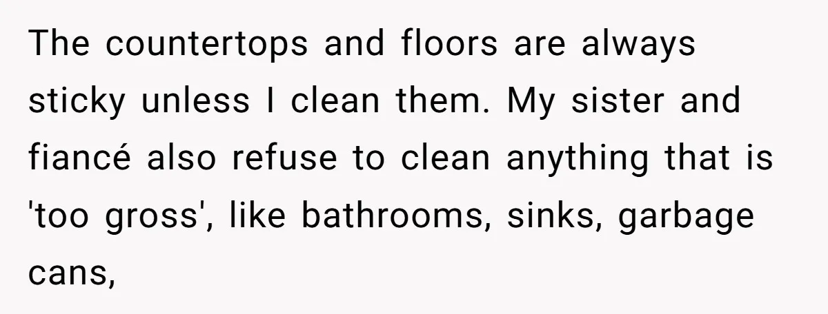 The countertops and floors are always sticky unless I clean them. My sister and fiancé also refuse to clean anything that is 'too gross', like bathrooms, sinks, garbage cans,