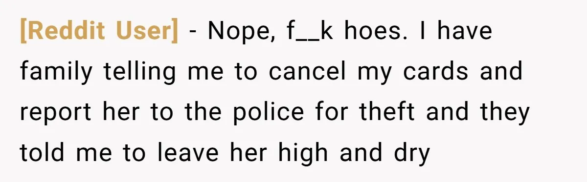 [Reddit User] − Nope, f__k hoes. I have family telling me to cancel my cards and report her to the police for theft and they told me to leave her...