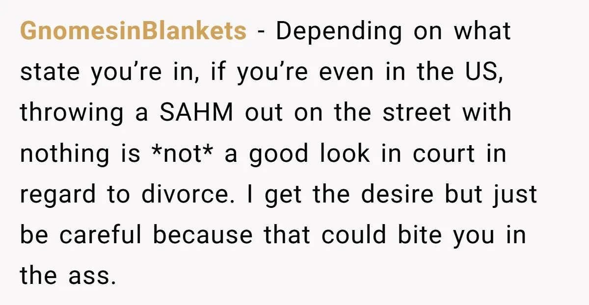 GnomesinBlankets − Depending on what state you’re in, if you’re even in the US, throwing a SAHM out on the street with nothing is *not* a good look in court...