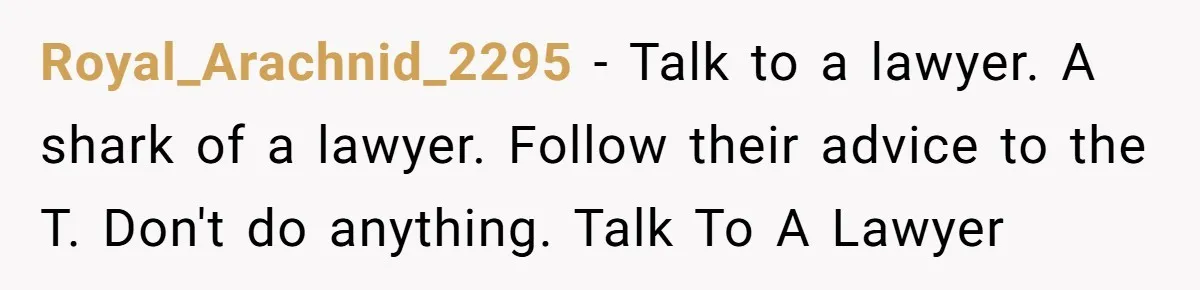 Royal_Arachnid_2295 − Talk to a lawyer. A shark of a lawyer. Follow their advice to the T. Don't do anything. Talk To A Lawyer