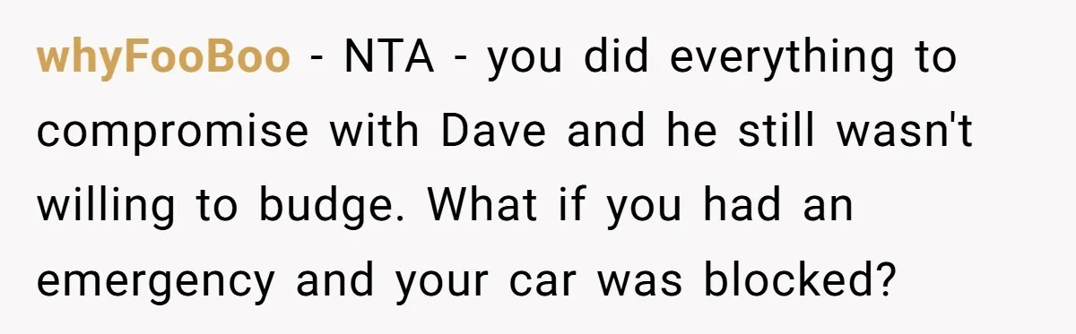 whyFooBoo − NTA - you did everything to compromise with Dave and he still wasn't willing to budge. What if you had an emergency and your car was blocked?