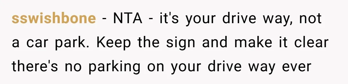 sswishbone − NTA - it's your drive way, not a car park. Keep the sign and make it clear there's no parking on your drive way ever