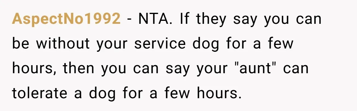 AspectNo1992 − NTA. If they say you can be without your service dog for a few hours, then you can say your "aunt" can tolerate a dog for a few...
