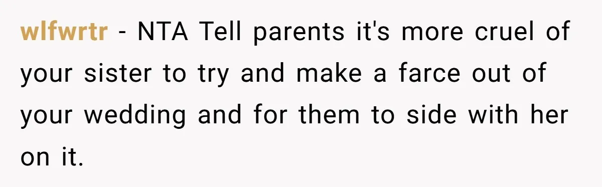wlfwrtr − NTA Tell parents it's more cruel of your sister to try and make a farce out of your wedding and for them to side with her on it.