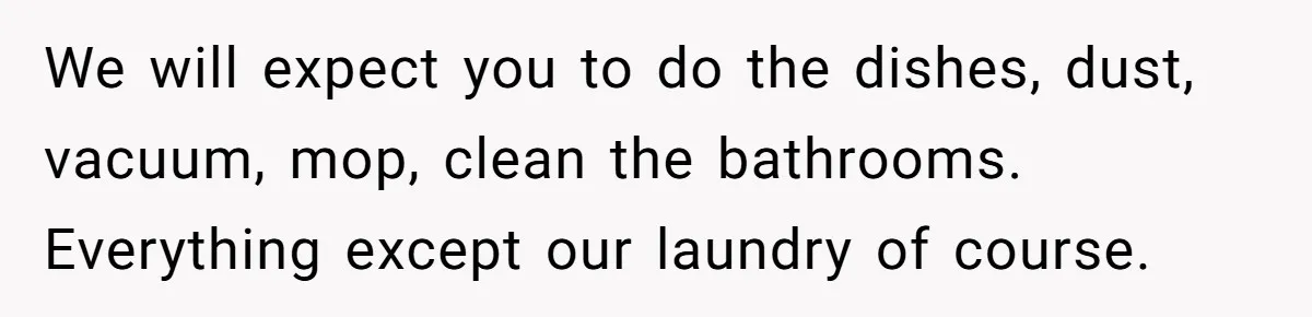 We will expect you to do the dishes, dust, vacuum, mop, clean the bathrooms. Everything except our laundry of course.