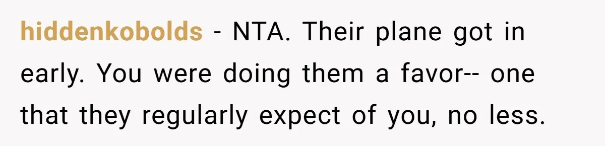 hiddenkobolds − NTA. Their plane got in early. You were doing them a favor-- one that they regularly expect of you, no less.